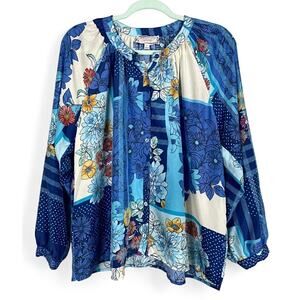 Johnny Was Josy Lynn Raglan Poet Blouse Blue Floral Medium Silk Button Front